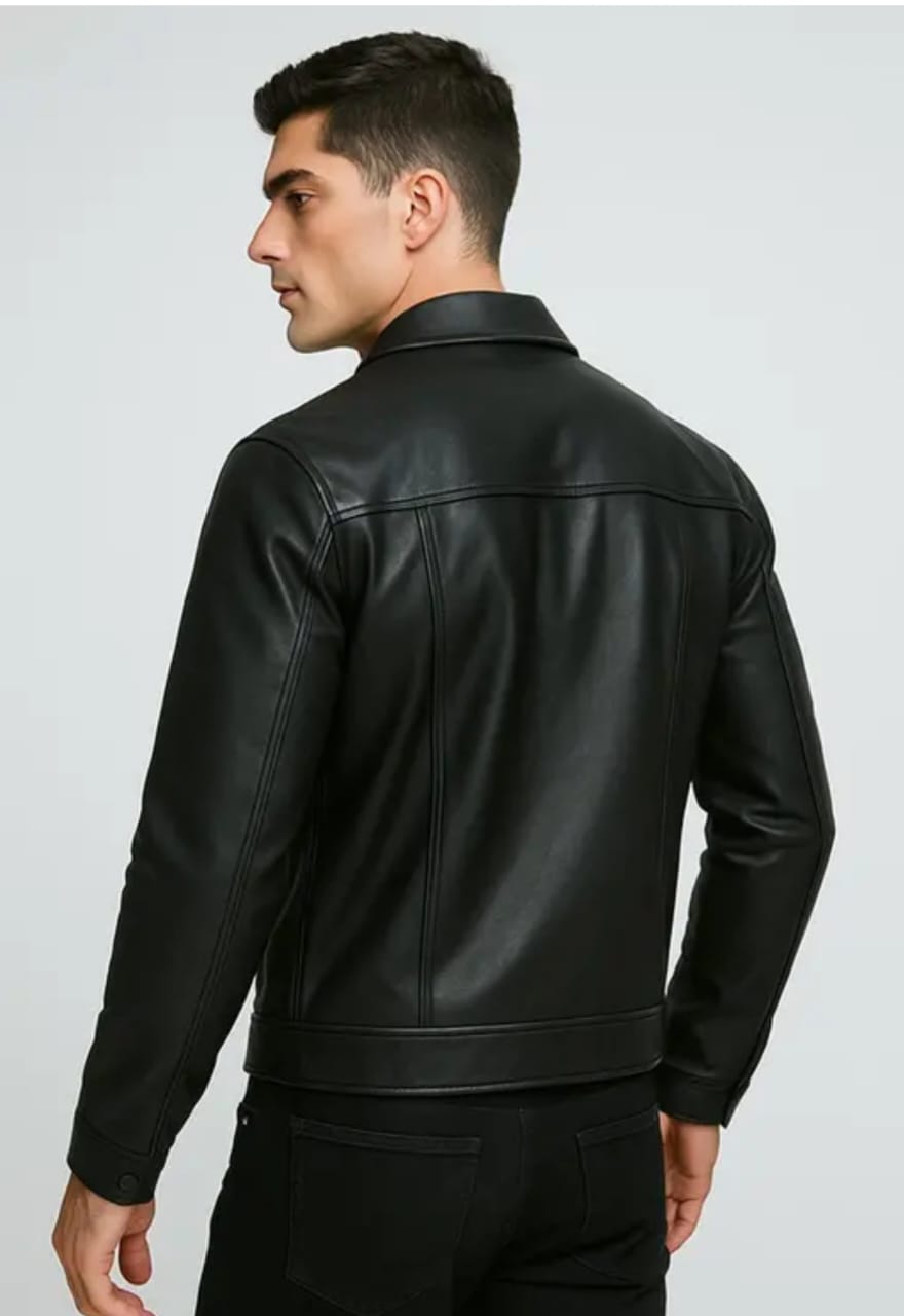 Men’s Sleek Faux-Leather Trucker Jacket – Matte Black Finish