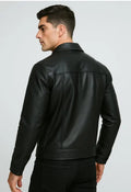 Men’s Sleek Faux-Leather Trucker Jacket – Matte Black Finish