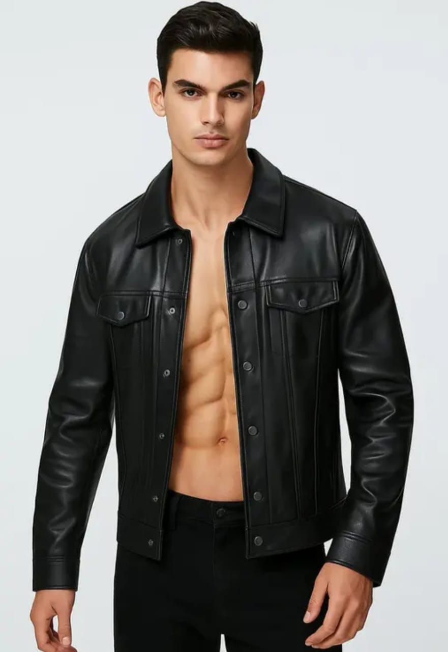 Men’s Sleek Faux-Leather Trucker Jacket – Matte Black Finish