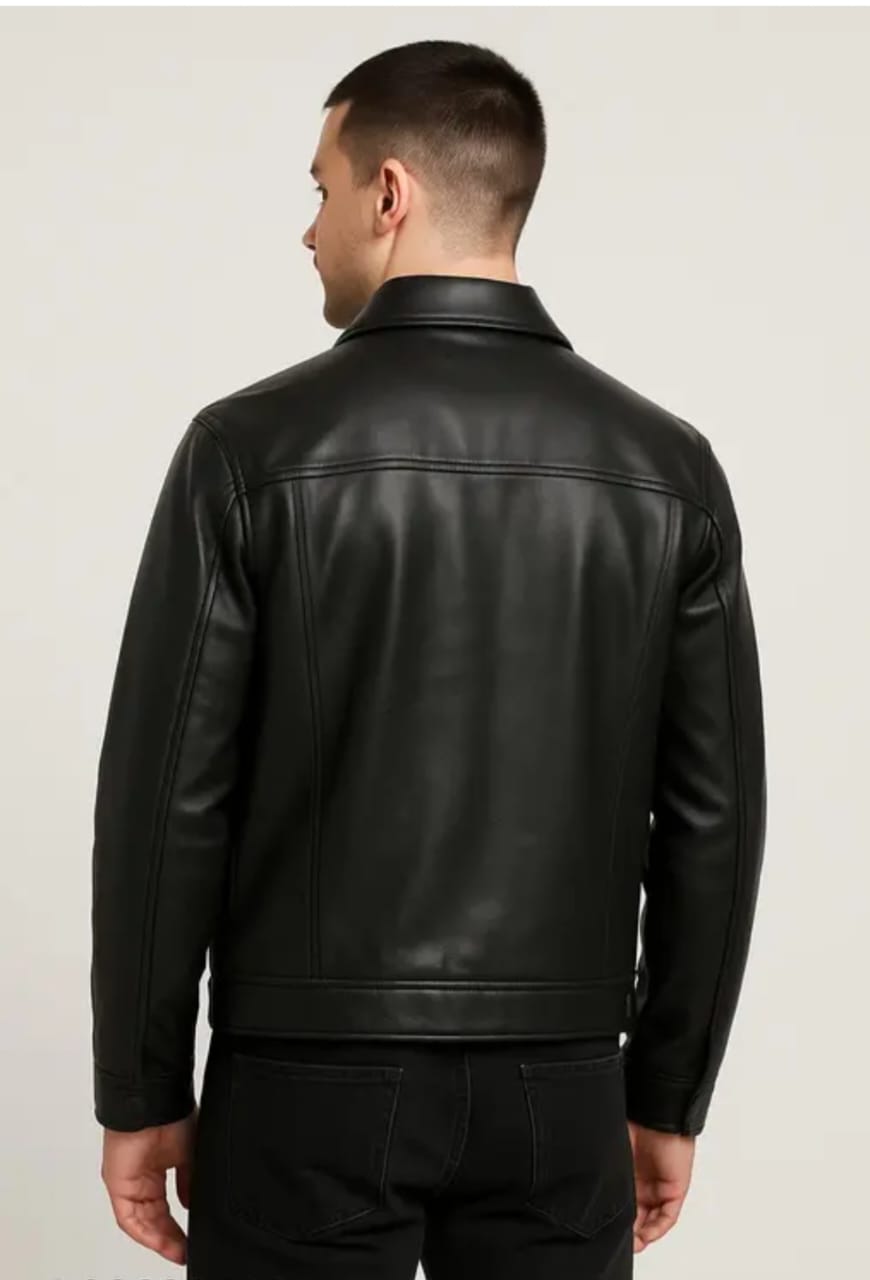 Men’s Sleek Faux-Leather Trucker Jacket – Matte Black Finish