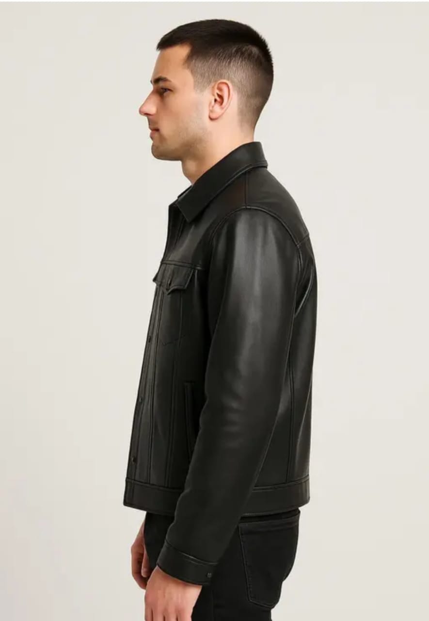 Men’s Sleek Faux-Leather Trucker Jacket – Matte Black Finish