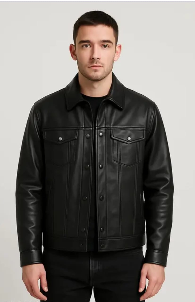 Men’s Sleek Faux-Leather Trucker Jacket – Matte Black Finish