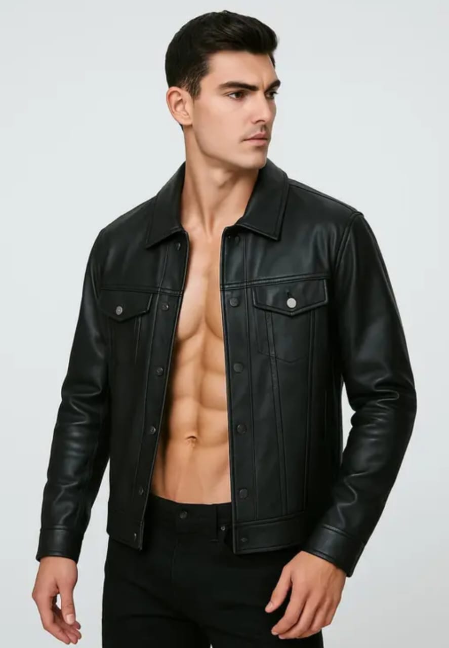 Men’s Sleek Faux-Leather Trucker Jacket – Matte Black Finish
