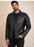 Men’s Classic Black Biker Leather Jacket – Slim Fit with Quilted Detailing