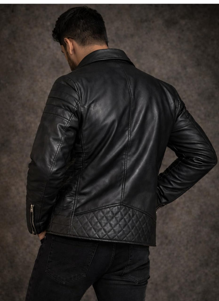 Men’s Classic Black Biker Leather Jacket – Slim Fit with Quilted Detailing
