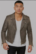 Men’s Distressed Brown Biker Leather Jacket – Slim Fit Vintage Style