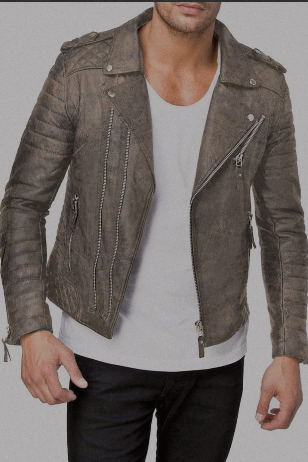 Men’s Distressed Brown Biker Leather Jacket – Slim Fit Vintage Style