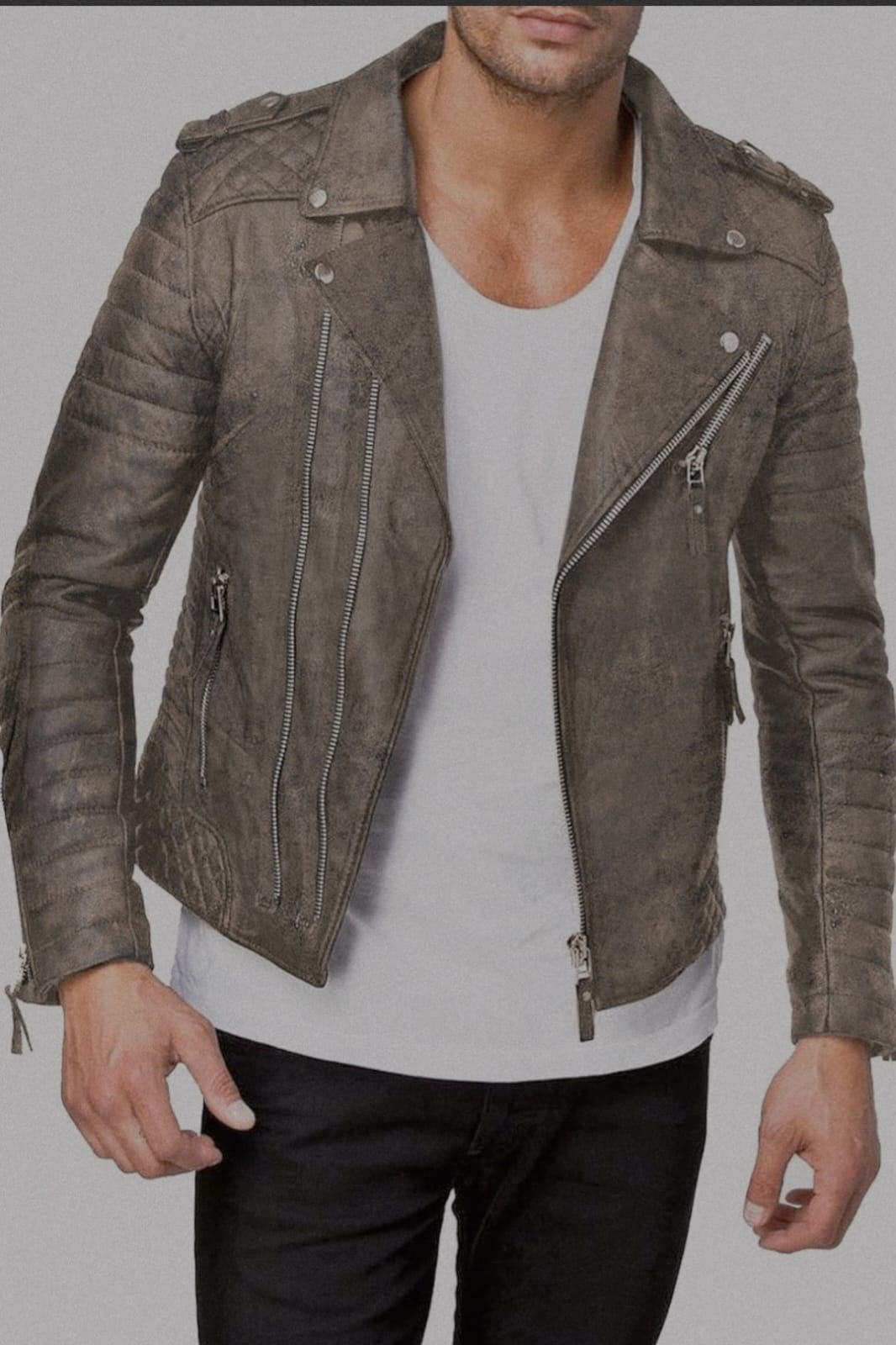 Men’s Distressed Brown Biker Leather Jacket – Slim Fit Vintage Style
