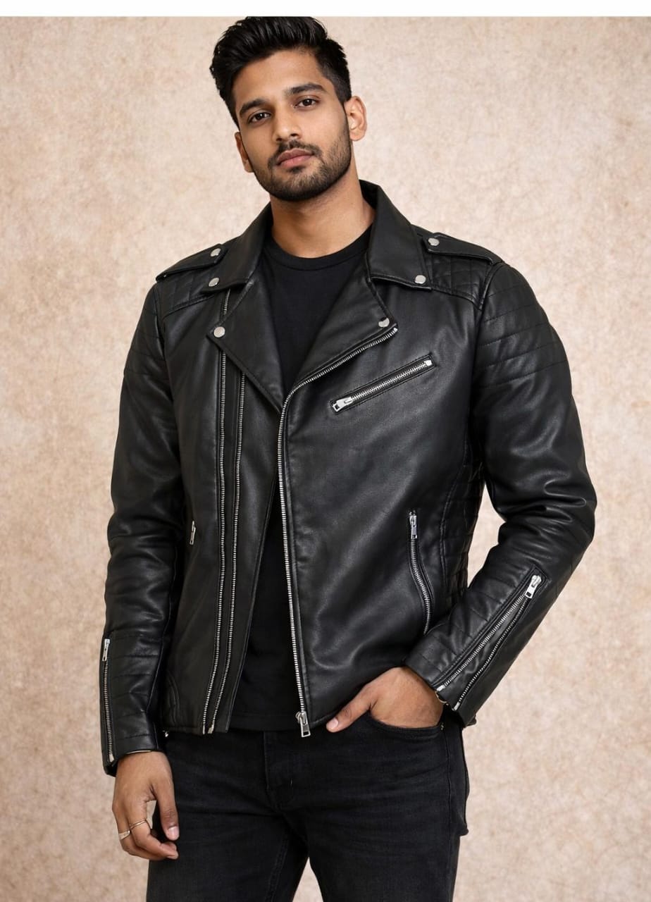 Men’s Classic Black Biker Leather Jacket – Slim Fit with Quilted Detailing